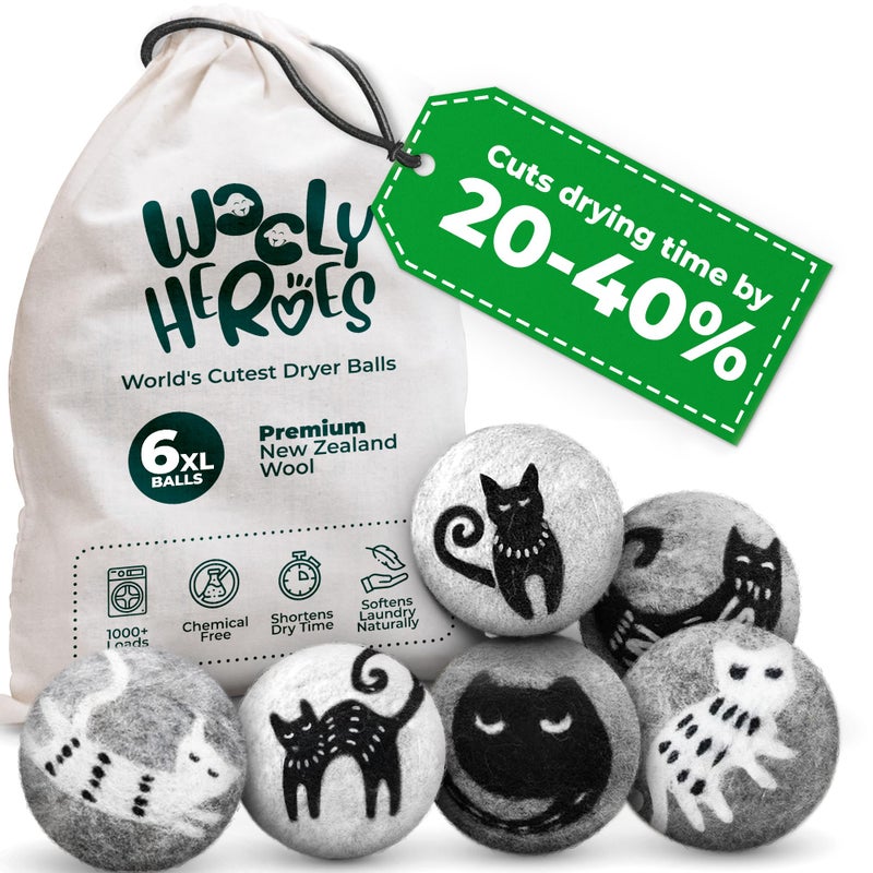 WOOLY HEROES No More Dryer Sheets! Reusable Wool Dryer Balls XL 6-Pack - Reduces Static, Cuts Dry Time, & Softens Naturally - Image 1